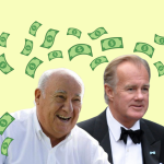 Amancio Ortega, Stefan Persson en Tadashi Yanai omringd door illustraties van dollarbiljetten